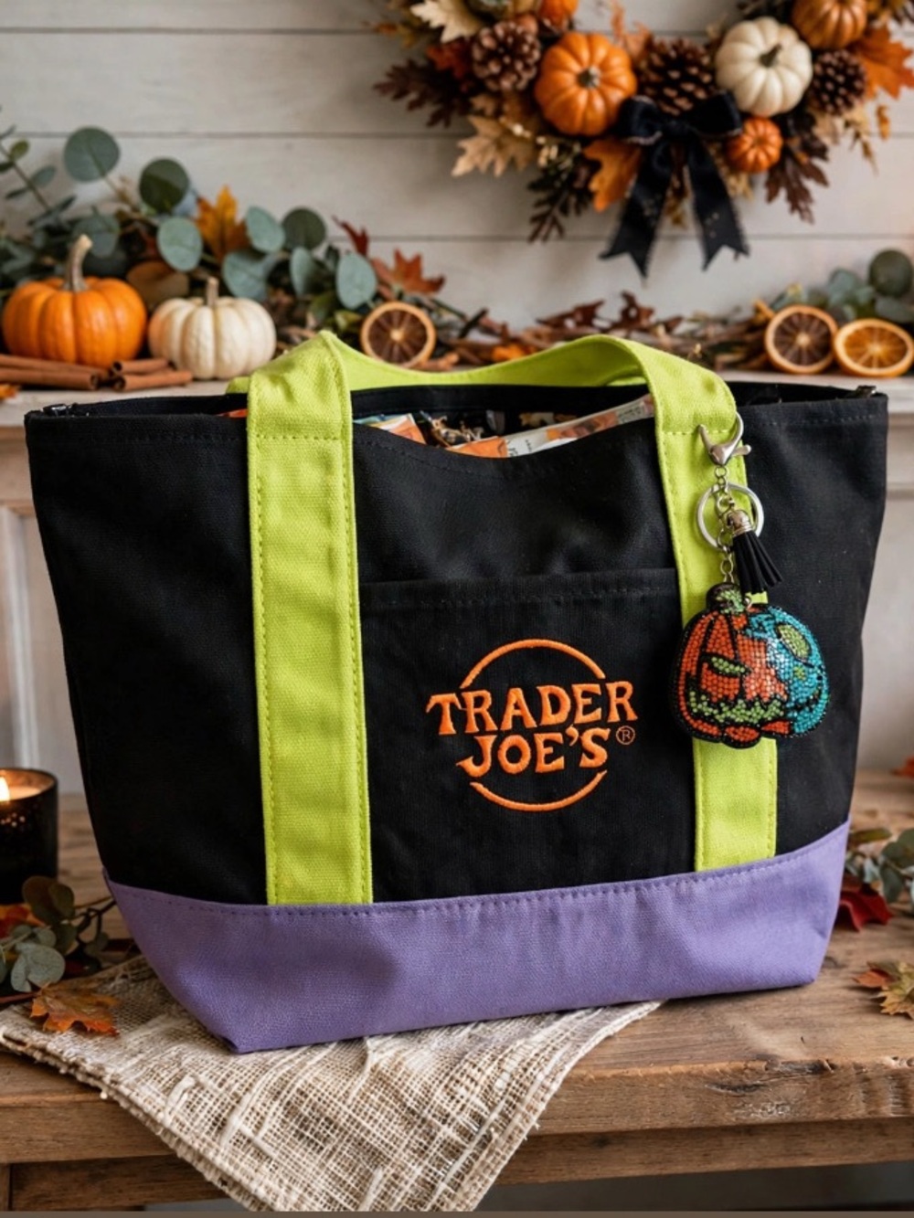 Trader Joe’s Halloween Black & Green Mini Canvas Tote with Lavender Base